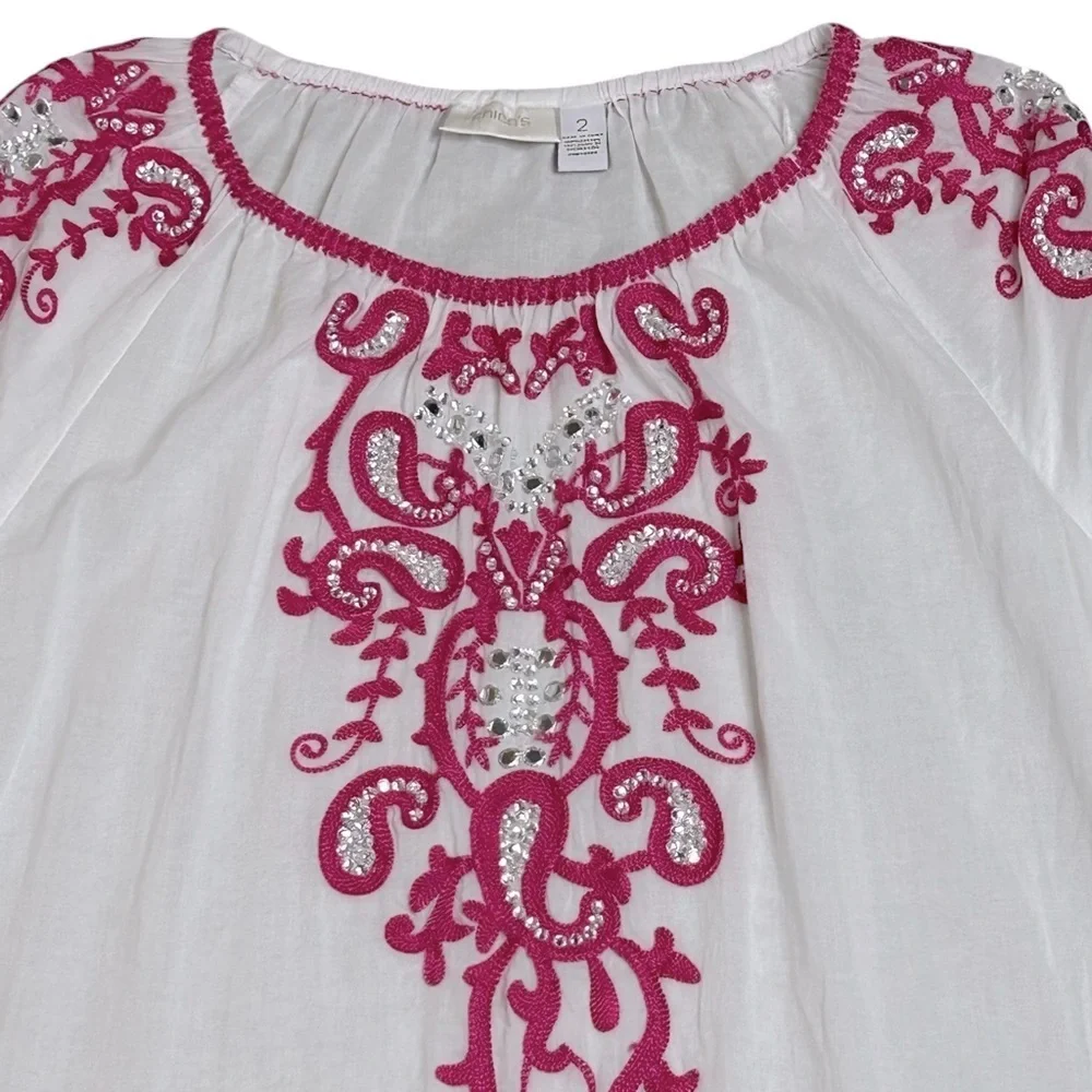 CHICO'S Anelle Blouse 3/4 sleeves Embroidered Embellished White Fuchsia Like new - Picture 9 of 16